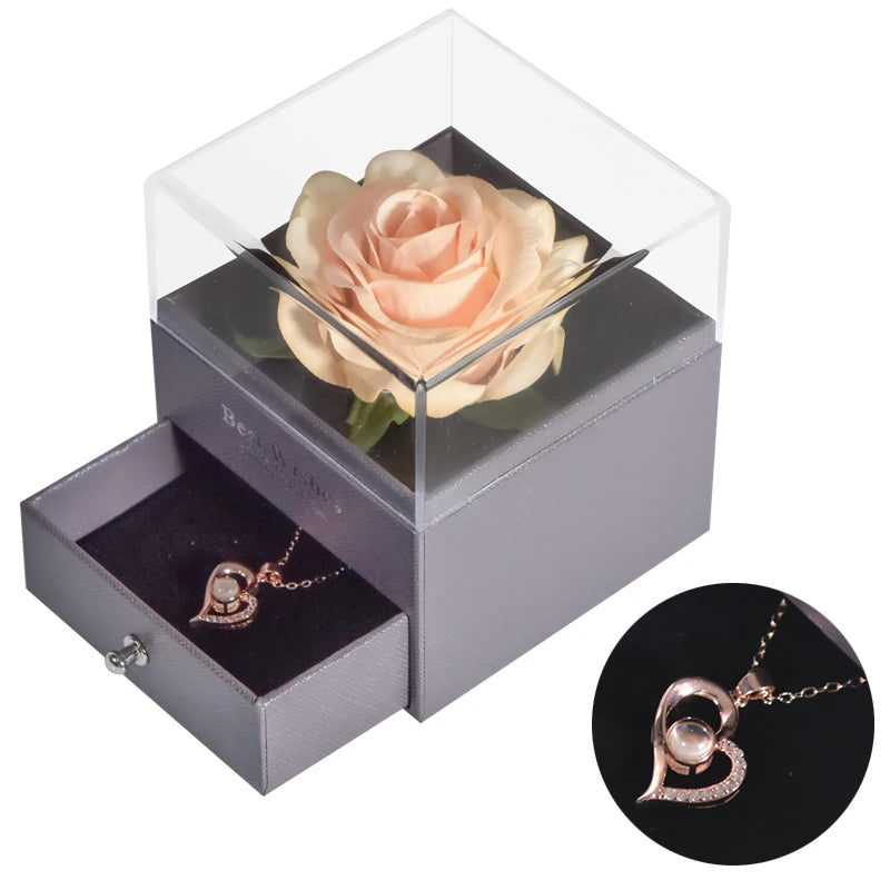 Gifts for Girlfriend Unfade Flower Eternal Rose Jewelry Box 100 Languages I Love You Necklace Wedding Valentines Gift for Women