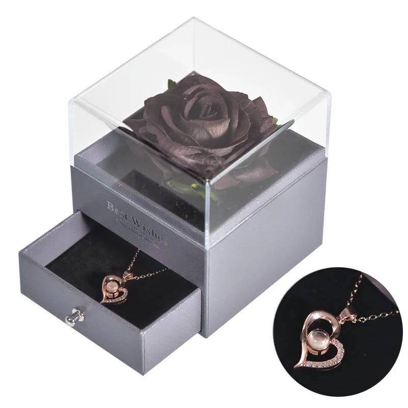 Gifts for Girlfriend Unfade Flower Eternal Rose Jewelry Box 100 Languages I Love You Necklace Wedding Valentines Gift for Women