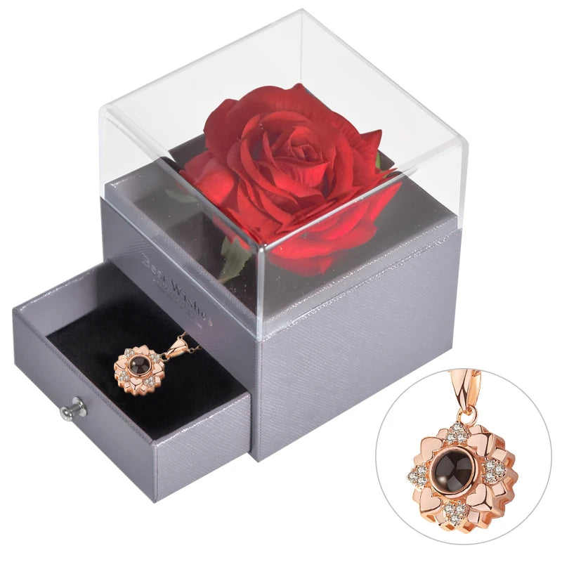 Gifts for Girlfriend Unfade Flower Eternal Rose Jewelry Box 100 Languages I Love You Necklace Wedding Valentines Gift for Women