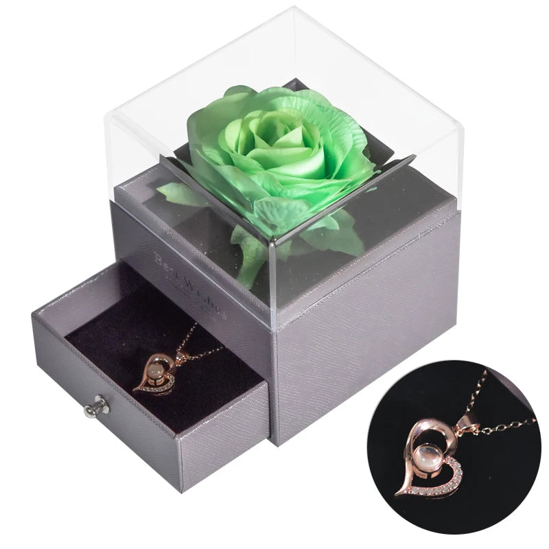 Gifts for Girlfriend Unfade Flower Eternal Rose Jewelry Box 100 Languages I Love You Necklace Wedding Valentines Gift for Women