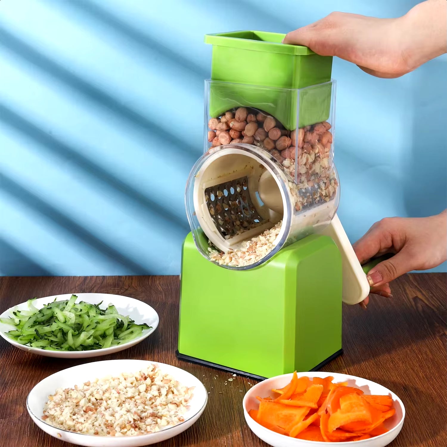 New 3 in 1 Rotary Cheese Grater, Manual Vegetable Slicer, Shredder with Handle & Strong Suction Base, 3 Interchangeable Blades