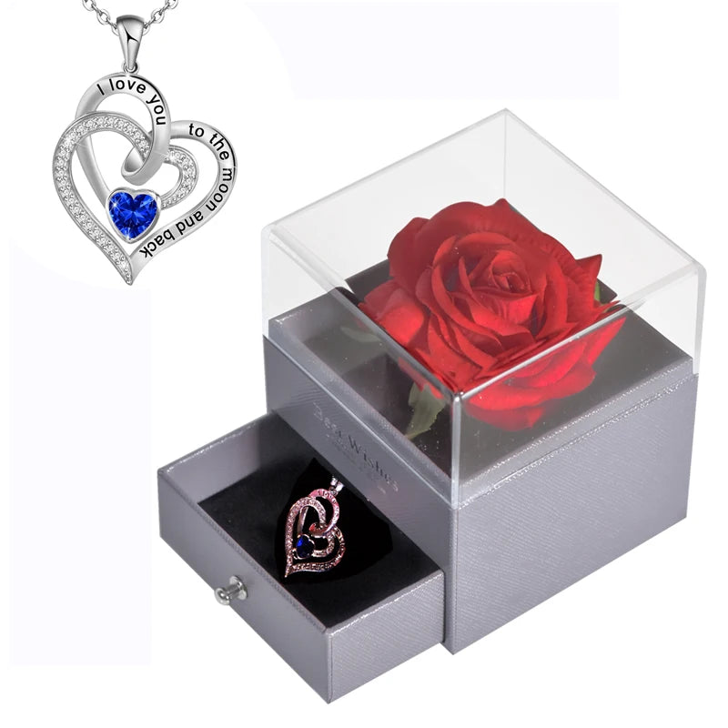 Gifts for Girlfriend Unfade Flower Eternal Rose Jewelry Box 100 Languages I Love You Necklace Wedding Valentines Gift for Women