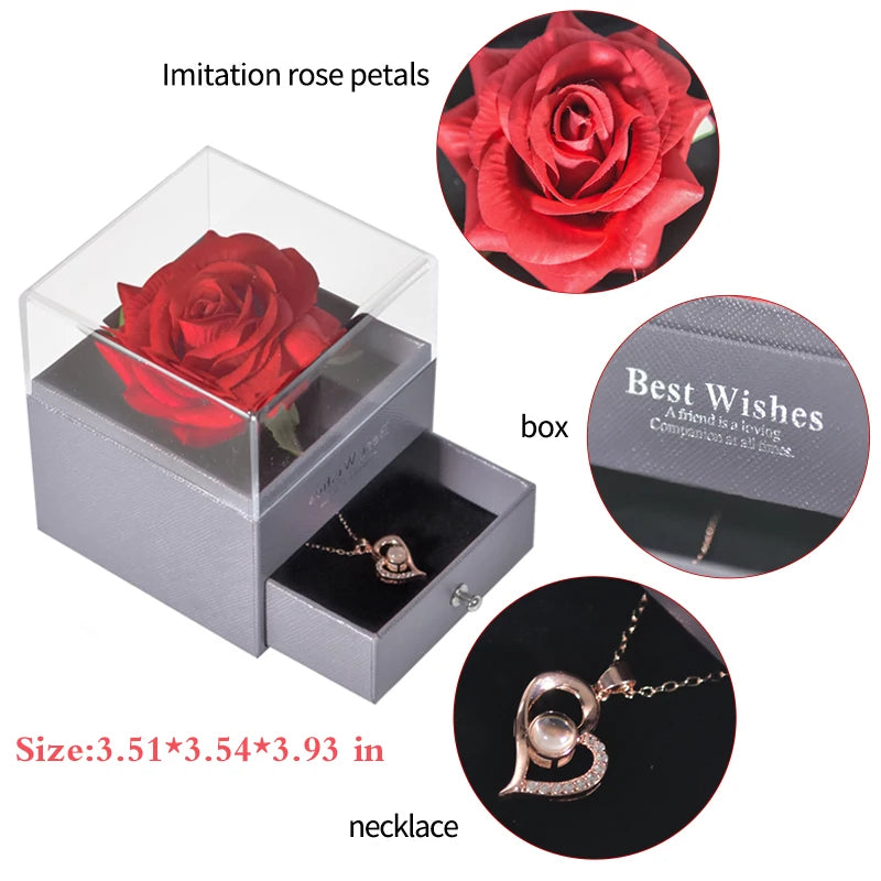 Gifts for Girlfriend Unfade Flower Eternal Rose Jewelry Box 100 Languages I Love You Necklace Wedding Valentines Gift for Women