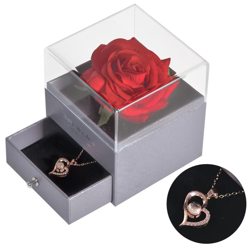 Gifts for Girlfriend Unfade Flower Eternal Rose Jewelry Box 100 Languages I Love You Necklace Wedding Valentines Gift for Women