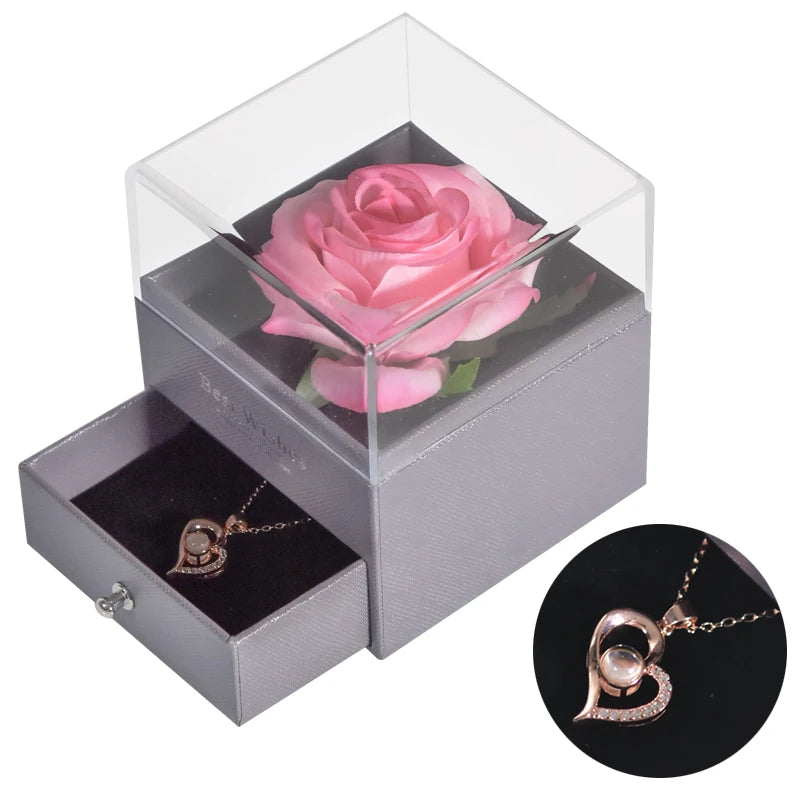 Gifts for Girlfriend Unfade Flower Eternal Rose Jewelry Box 100 Languages I Love You Necklace Wedding Valentines Gift for Women