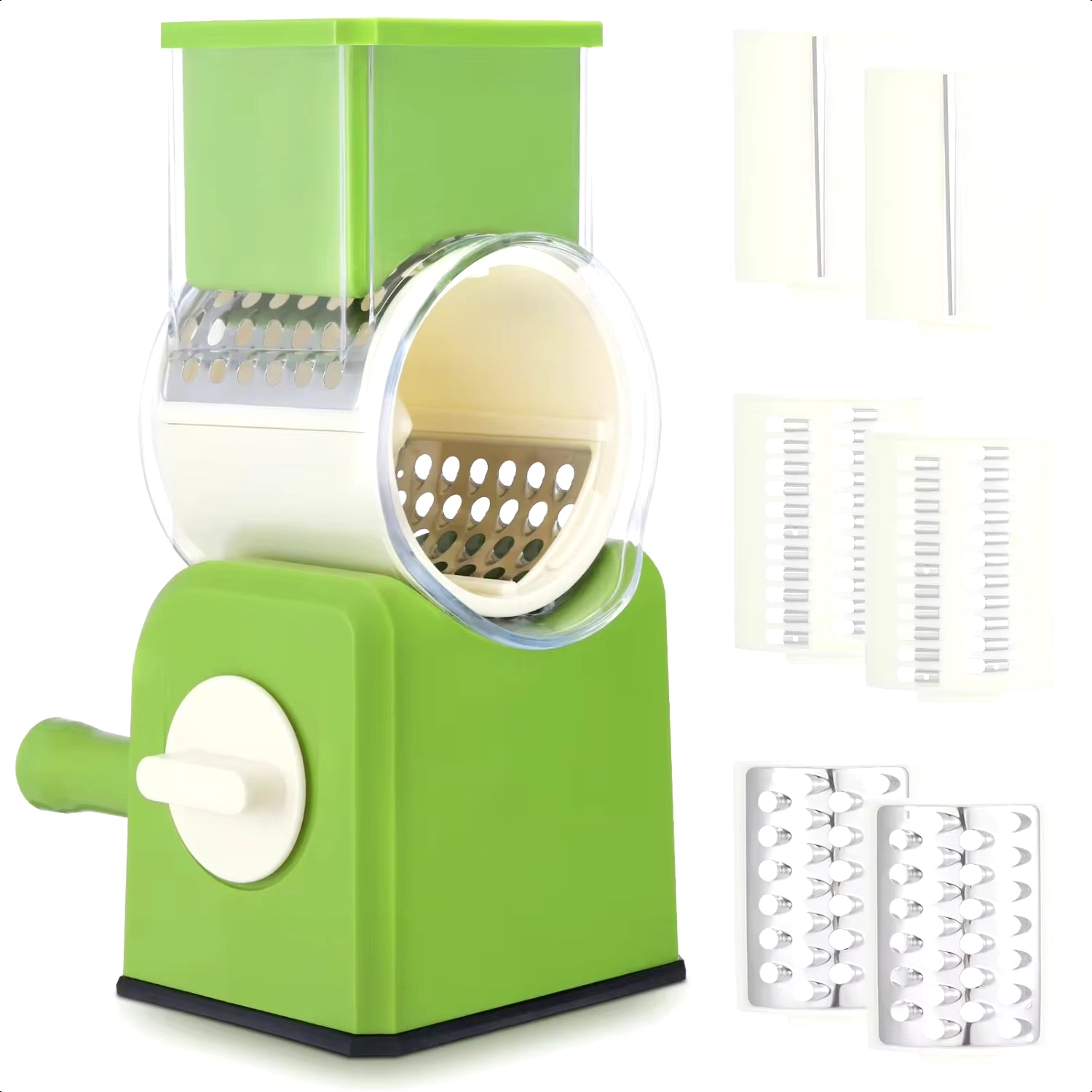 New 3 in 1 Rotary Cheese Grater, Manual Vegetable Slicer, Shredder with Handle & Strong Suction Base, 3 Interchangeable Blades