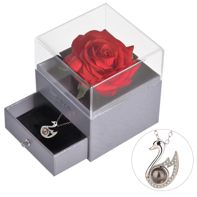 Gifts for Girlfriend Unfade Flower Eternal Rose Jewelry Box 100 Languages I Love You Necklace Wedding Valentines Gift for Women