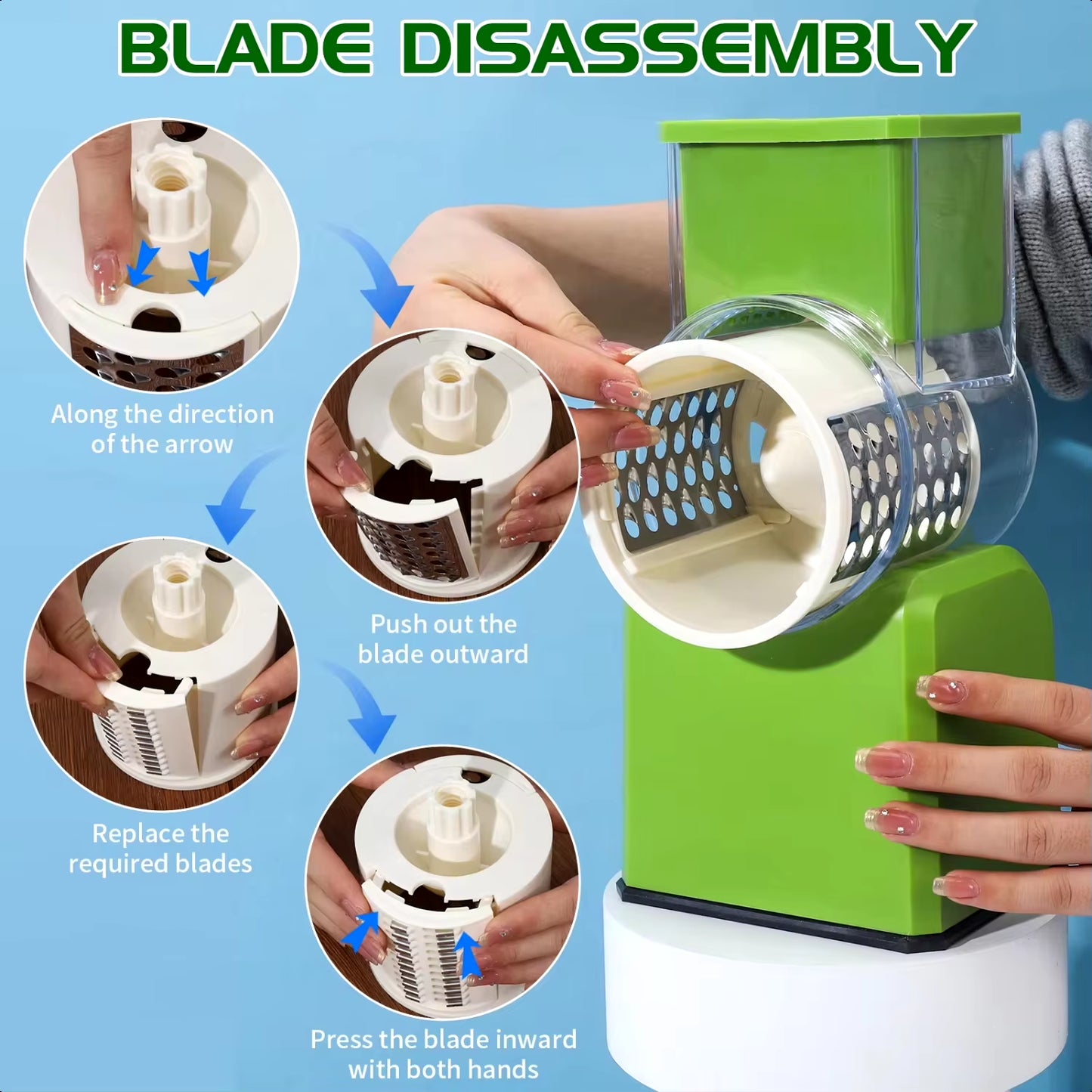 New 3 in 1 Rotary Cheese Grater, Manual Vegetable Slicer, Shredder with Handle & Strong Suction Base, 3 Interchangeable Blades