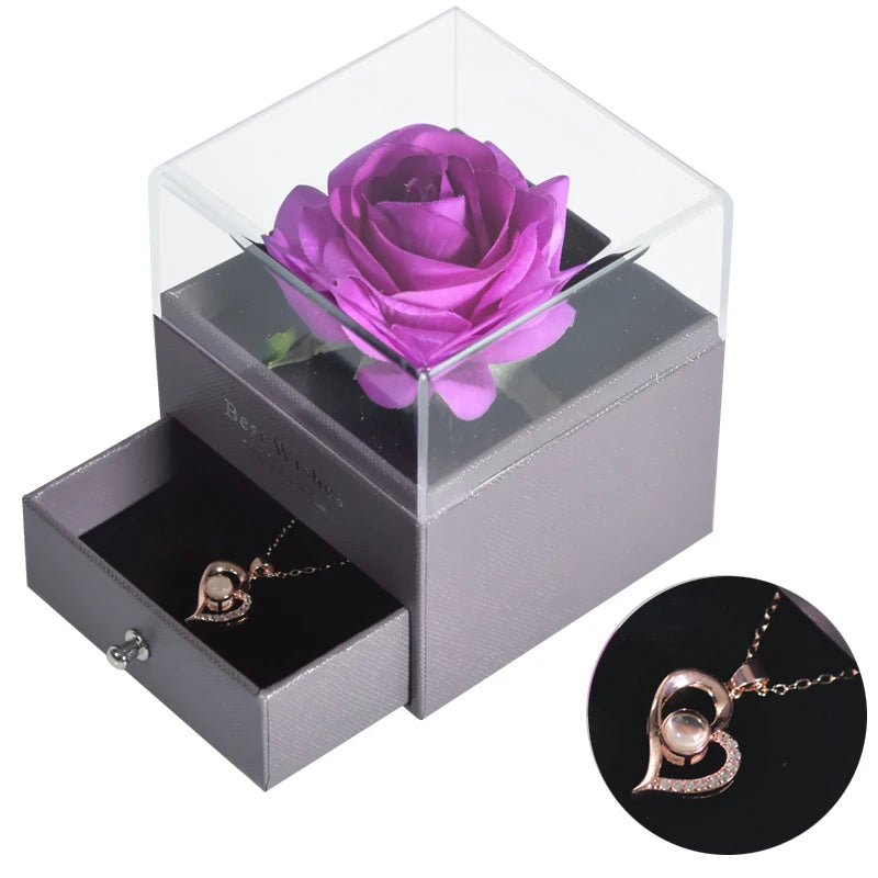 Gifts for Girlfriend Unfade Flower Eternal Rose Jewelry Box 100 Languages I Love You Necklace Wedding Valentines Gift for Women